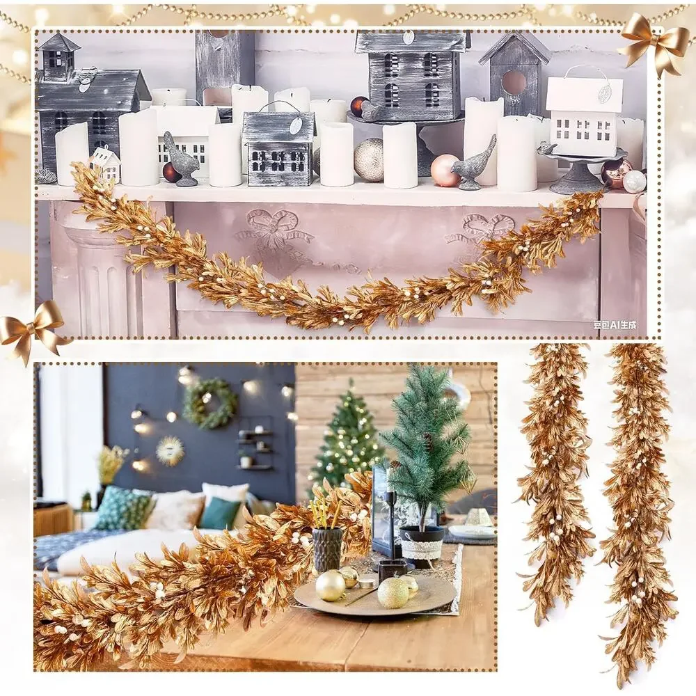6 Ft Gold Artificial Boxwood Leaf Garland with Pearl White Berry / NIB